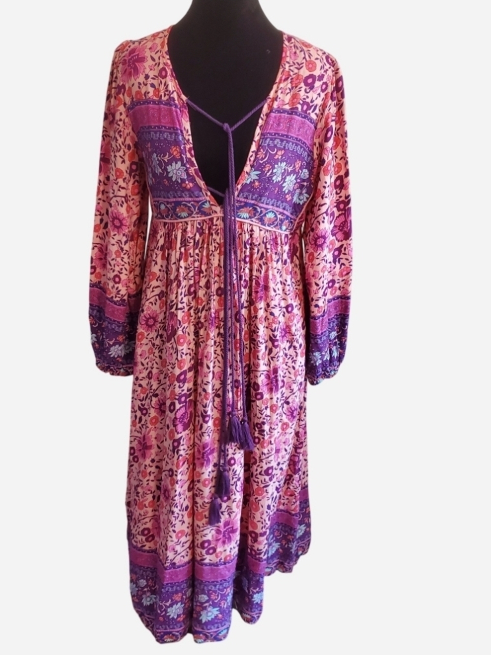 Lance Cade Pink Floral Dress Tassles Size S Boho Peasant 70s Festival Cottage